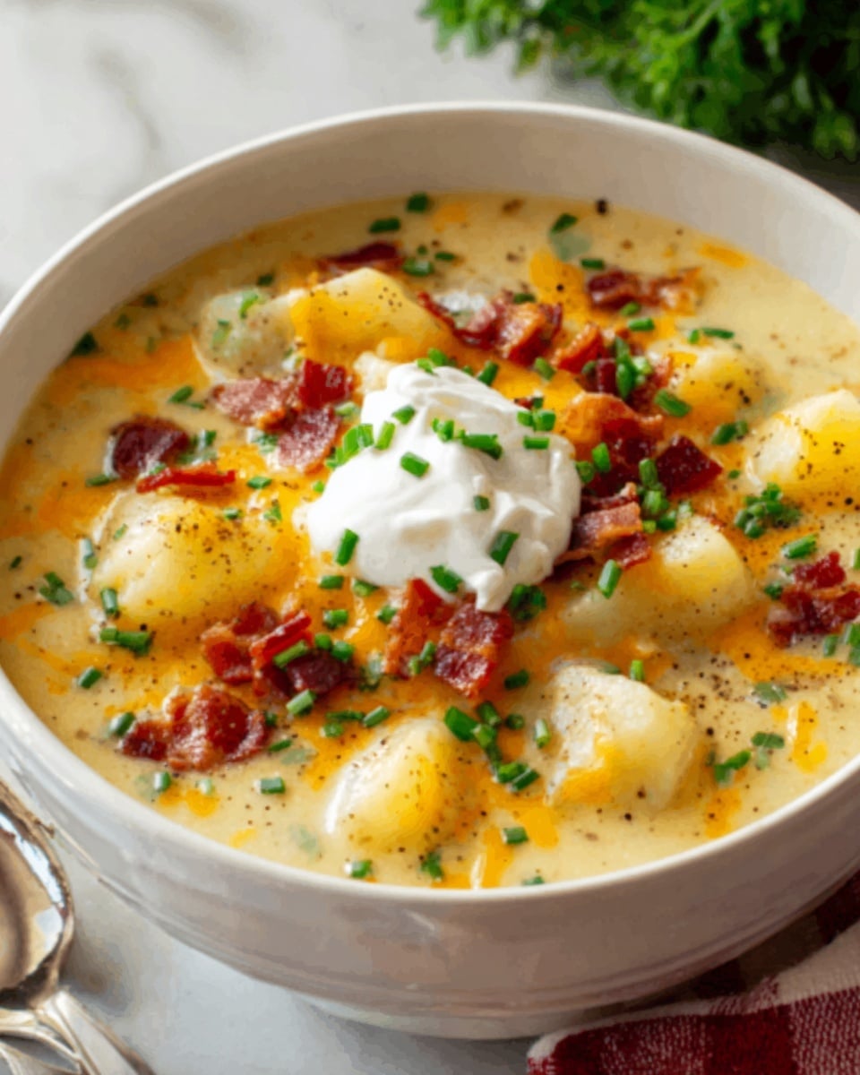 A white bowl filled with thick potato soup showing chunks of soft yellow potatoes and specks of melted cheddar cheese in a creamy light yellow base. On top, there are small crispy pieces of reddish-brown bacon and a dollop of white sour cream sitting in the center. Bright green chopped chives are sprinkled evenly over the soup and around the sour cream. The bowl sits on a white marbled surface with a silver spoon and a blurred fresh herb in the background. Photo taken with an iphone --ar 4:5 --v 7