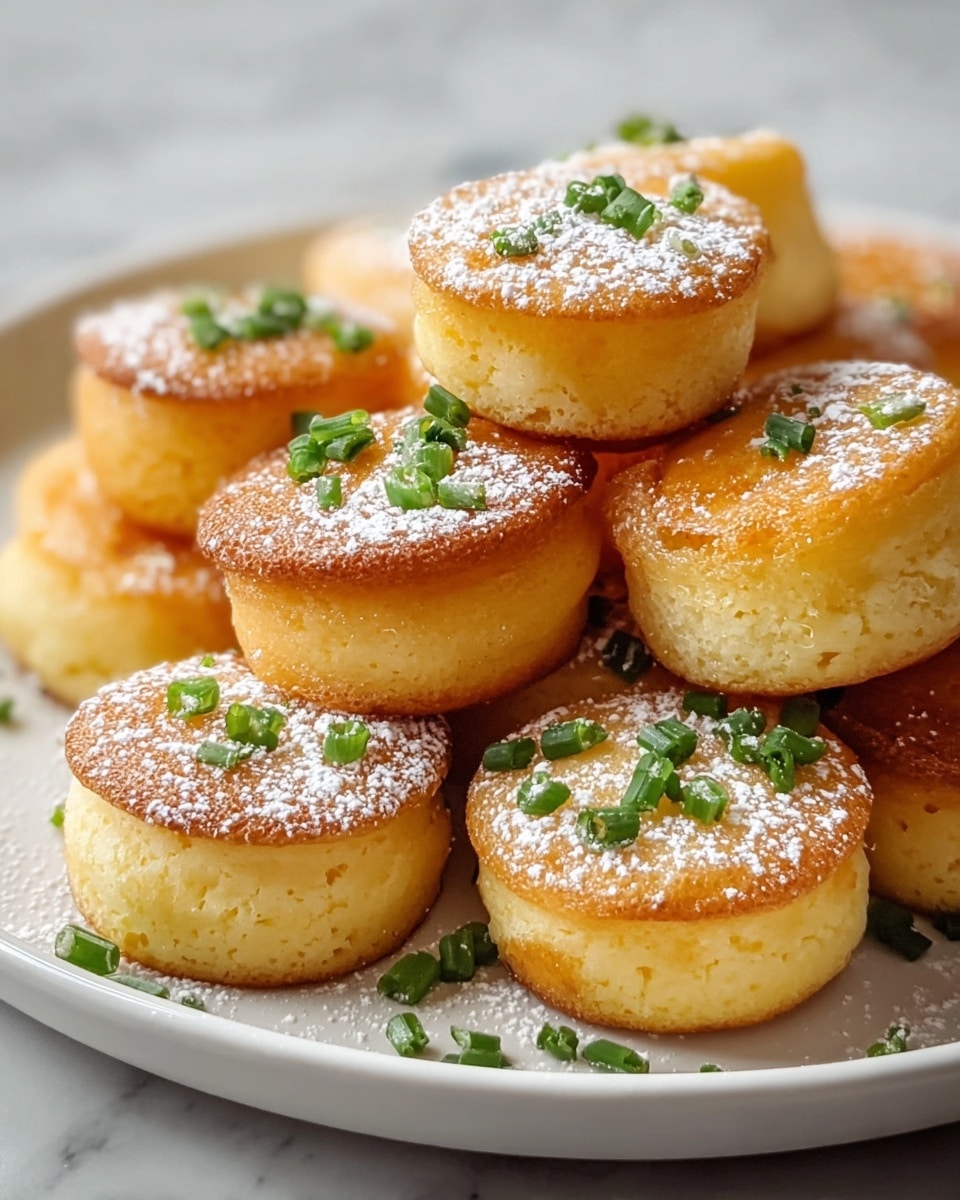 The image shows a pile of small, round, golden-brown cakes stacked on a white plate. Each cake is about two layers thick, with the top layer showing a slightly crispy texture and a light dusting of white powdered sugar. The cakes are soft and fluffy with a pale yellow color on the sides. Tiny pieces of bright green chopped chives are scattered over and around the cakes, adding a fresh contrast in color. The plate rests on a white marbled surface. photo taken with an iphone --ar 4:5 --v 7