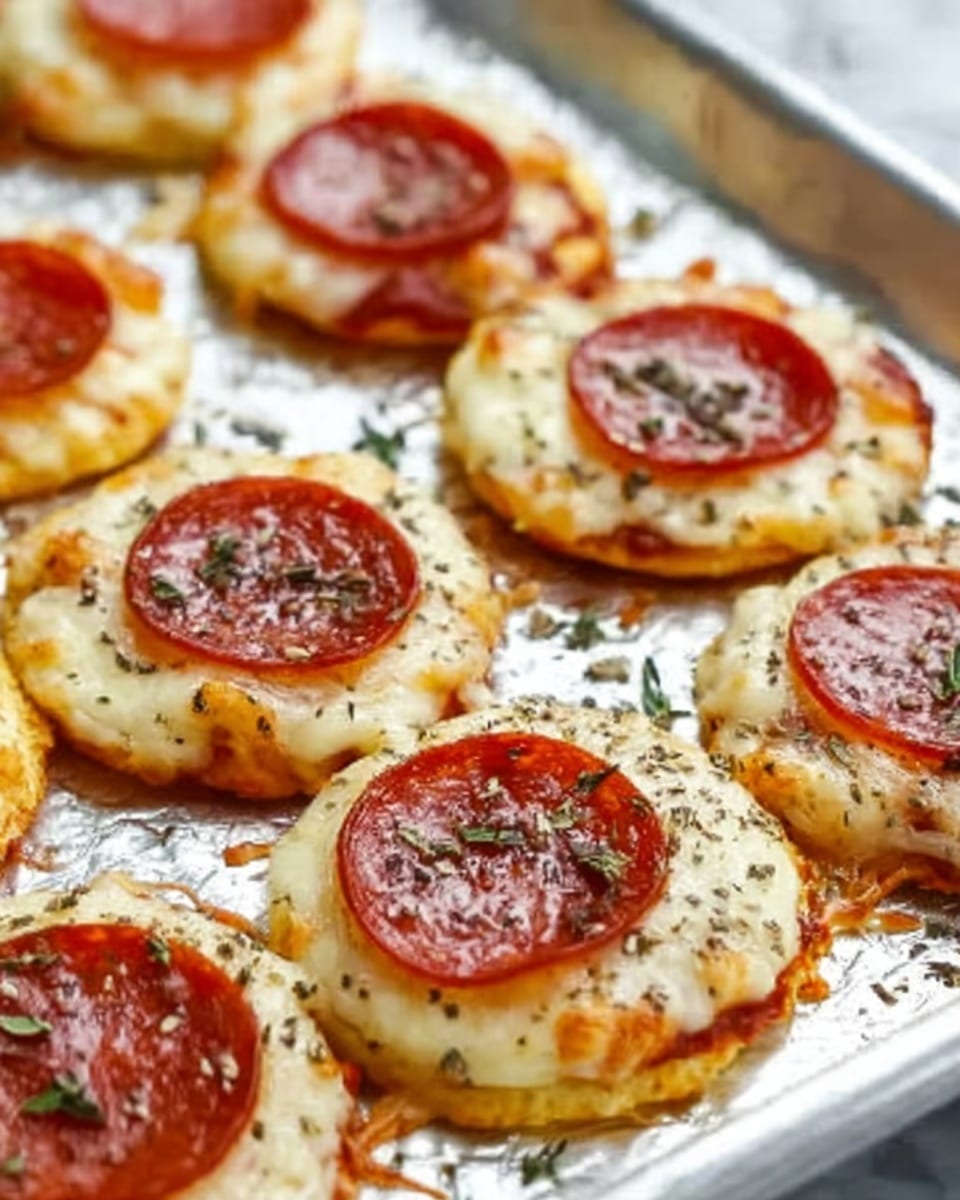 The image shows multiple small round mini pizzas arranged on a sheet of baking paper over a white marbled surface. Each mini pizza has three visible layers: a golden-brown crispy base, a thick layer of melted creamy cheese in the middle, and a bright red round slice of pepperoni on top with small green herb sprinkles scattered over it. The texture of the base looks crunchy, the cheese layer is gooey and smooth, while the pepperoni slice is slightly crispy on the edges. photo taken with an iphone --ar 4:5 --v 7