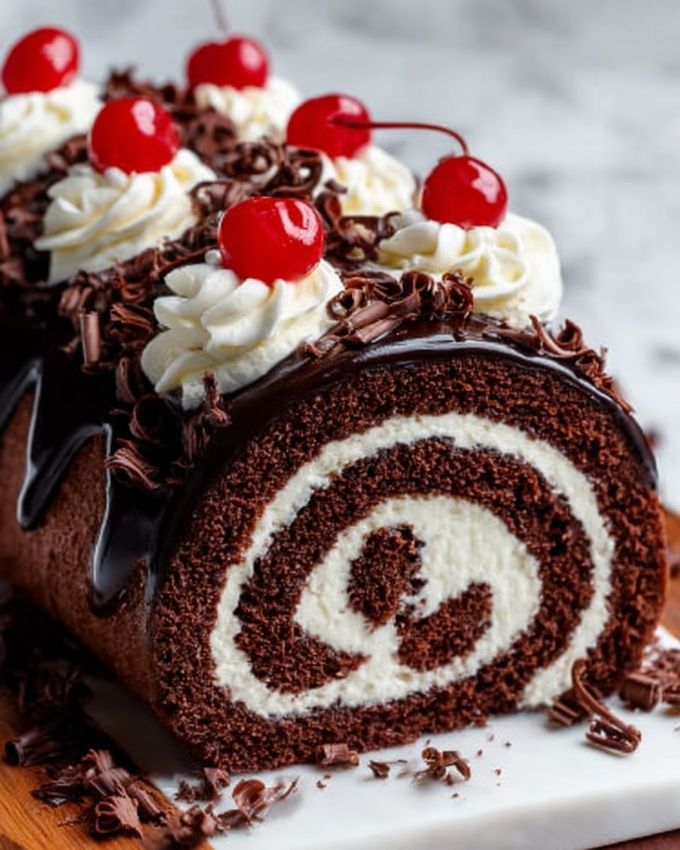 The image shows a chocolate roll cake with a tight spiral shape made of dark brown chocolate sponge and a creamy white filling. The cake is covered in a glossy dark chocolate glaze that drips slightly on the sides. On top, there are small white whipped cream swirls evenly spaced, each topped with a bright red cherry and thin, curled chocolate shavings adding texture. The cake sits on a white plate, placed on a white marbled surface. Photo taken with an iphone --ar 4:5 --v 7
