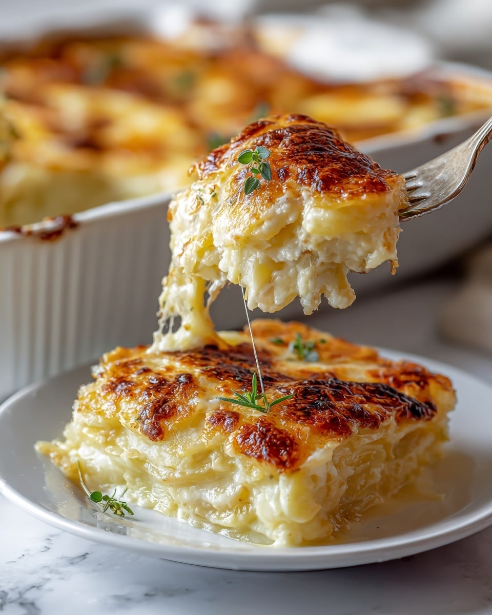 A thick square slice of cheesy potato gratin with three main layers is shown on a white plate set on a white marbled surface. The bottom layer is creamy, pale yellow potato slices cooked in sauce, the middle layer is a soft mix of tender potato with gooey melted cheese stretching as a silver fork lifts the piece, and the top layer is a golden-brown toasted cheese crust with a slightly crispy texture, garnished with small green herb sprigs. The background shows a white baking dish with more of the same dish, slightly blurred. photo taken with an iphone --ar 4:5 --v 7
