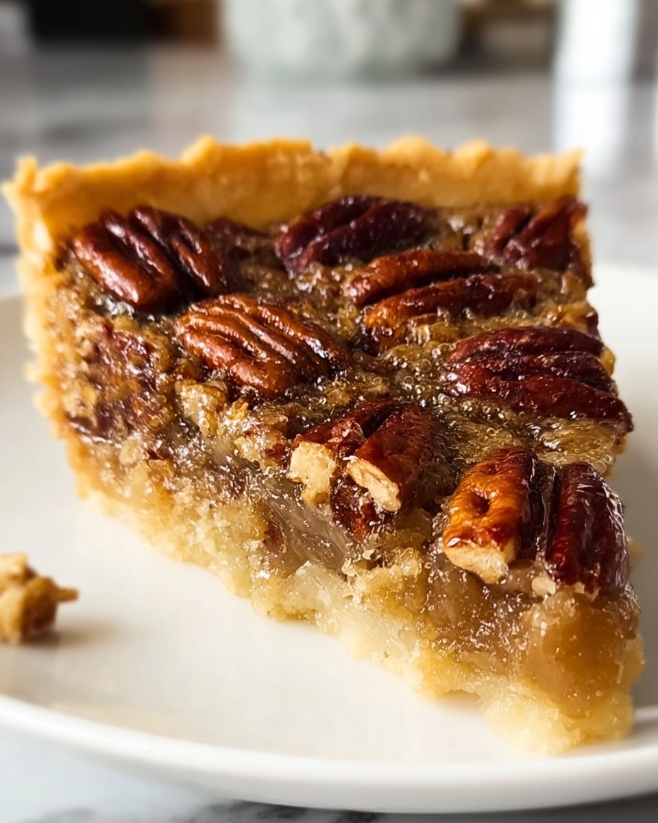 This image shows a close-up of a slice of pecan pie placed on a white plate. The bottom layer is a light golden, soft, and slightly crumbly crust. Above that is a thick, gooey, caramel-colored filling with a slightly sticky texture. The top layer features whole shiny brown pecans arranged evenly, giving a nutty and crunchy finish to the pie slice. The pie slice sits on a white marbled surface with a blurred background. photo taken with an iphone --ar 4:5 --v 7
