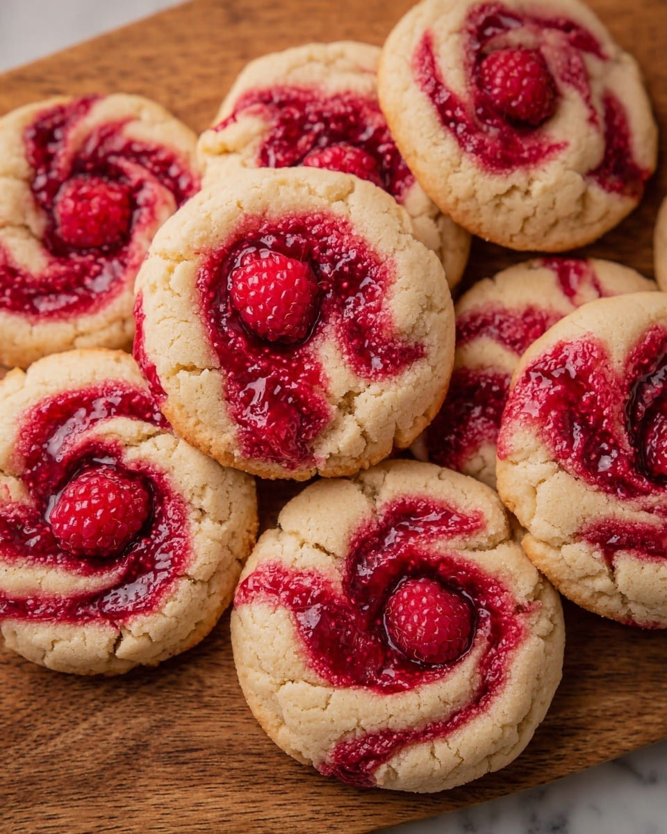 The image shows a close-up of several round cookies placed on a wooden board. Each cookie has one layer with a beige, slightly cracked dough base and a deep red swirl of raspberry jam or jelly embedded into the top, creating a marbled effect. The red swirl appears thick and glossy, with whole raspberries embedded within it, adding rough texture and natural shapes. The cookies have soft edges and are arranged casually in a group. The photo taken with an iphone --ar 4:5 --v 7