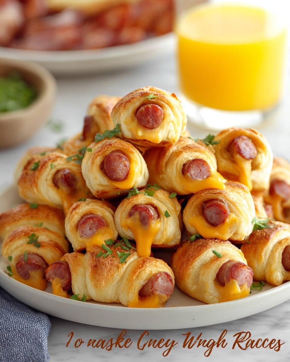A plate filled with small golden brown crescent rolls wrapped around mini sausages, with melted orange cheese oozing slightly from the edges. The rolls have a flaky, slightly crispy texture on the outside, and finely chopped green herbs are sprinkled on top, adding a fresh touch. The plate is white and sits on a white marbled surface. A blurred glass of orange liquid is in the background with a wooden board also out of focus. The image is bright and close-up, showing the details of the baked crescent dough and the sausages inside. photo taken with an iphone --ar 4:5 --v 7