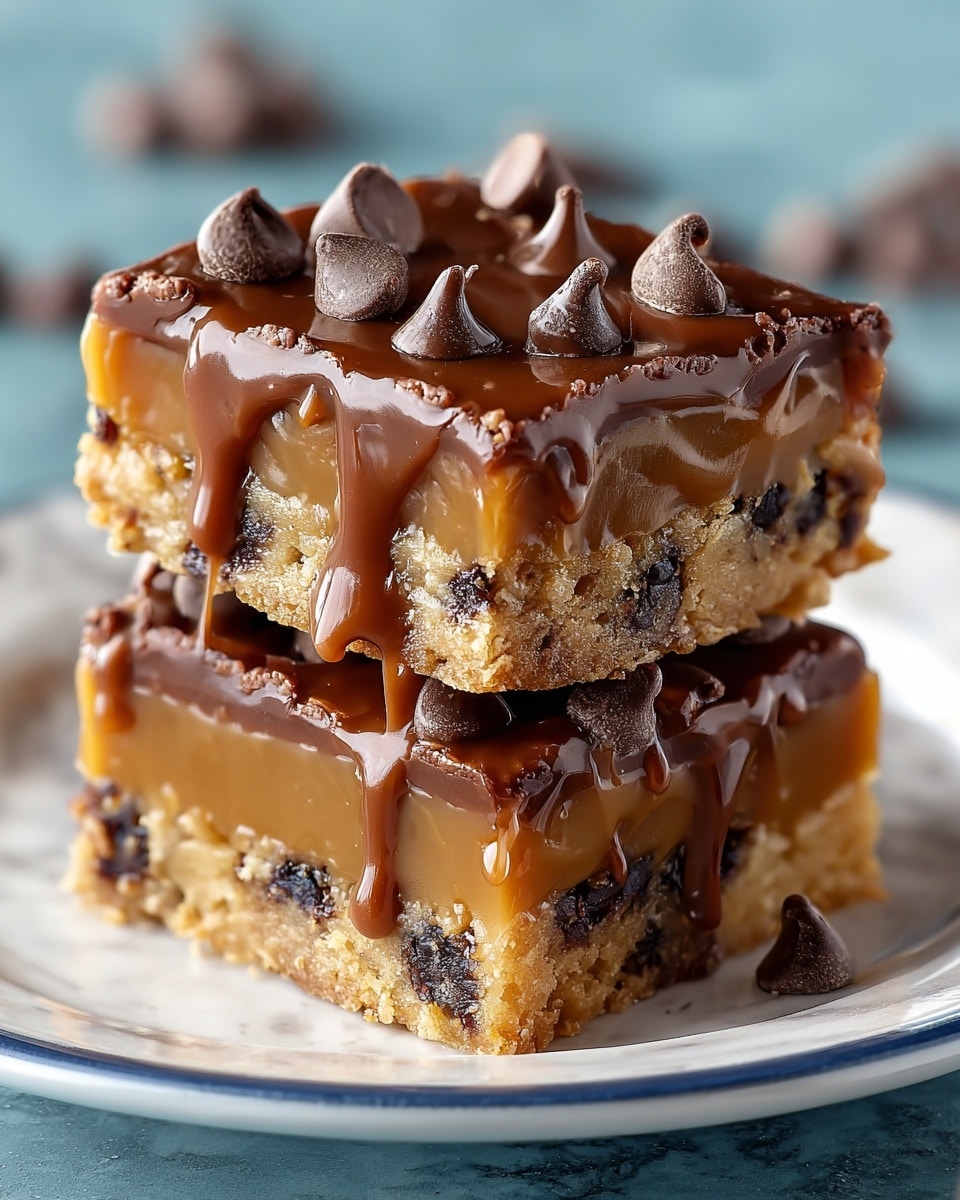 The image shows two square dessert bars stacked on a white plate with a blue rim, placed on a white marbled surface. Each bar has three clear layers: the bottom layer is a light golden cookie dough with visible dark chocolate chunks, the middle layer is a smooth, thick caramel with a shiny texture, and the top layer is rich melted chocolate dripping down the sides with dark chocolate chips scattered on top. The melted chocolate looks glossy and thick, enhancing the layers below, creating an inviting texture contrast. Photo taken with an iphone --ar 4:5 --v 7
