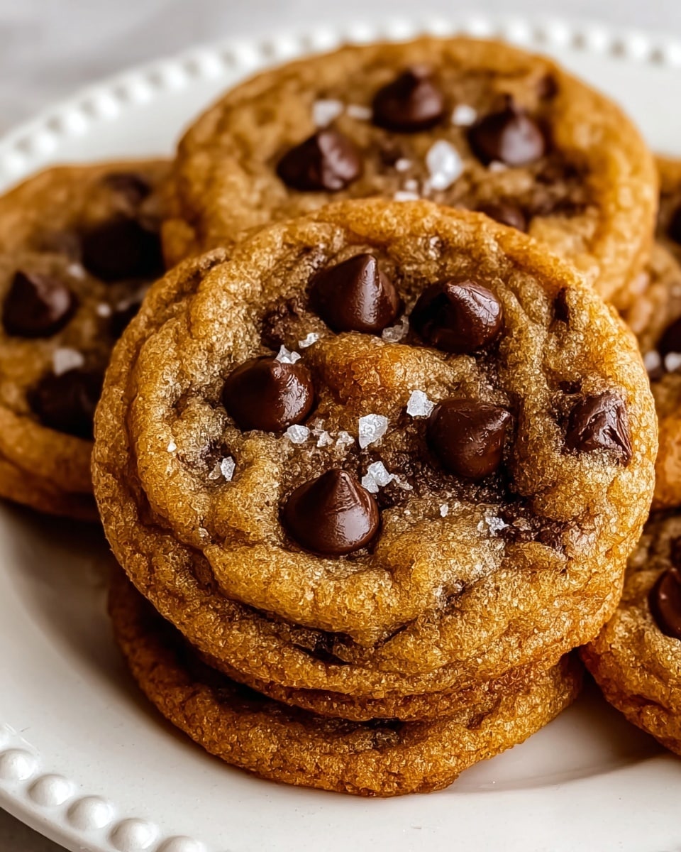 A close-up shows a stack of soft, round cookies on a white plate with a beaded edge, each cookie golden brown with a slightly cracked surface. The top cookie features nine glossy, dark brown chocolate chips evenly spaced across its center, with a few small white flakes of sea salt scattered lightly on top. The cookies have a chewy texture with crisp edges visible around the sides. The background is a white marbled surface. photo taken with an iphone --ar 4:5 --v 7