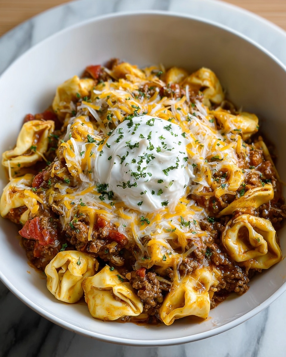 A white bowl filled with layered tortellini pasta mixed with browned ground meat and small bits of red tomato. On top, there is a layer of melted yellow cheddar cheese blending with shredded white cheese, covering the pasta and meat. Centered on the dish is a dollop of white sour cream sprinkled with green chopped herbs, giving a fresh contrast. The tortellini has a soft, slightly glossy look with some specks of seasoning. The bowl rests on a white marbled surface. Photo taken with an iphone --ar 4:5 --v 7