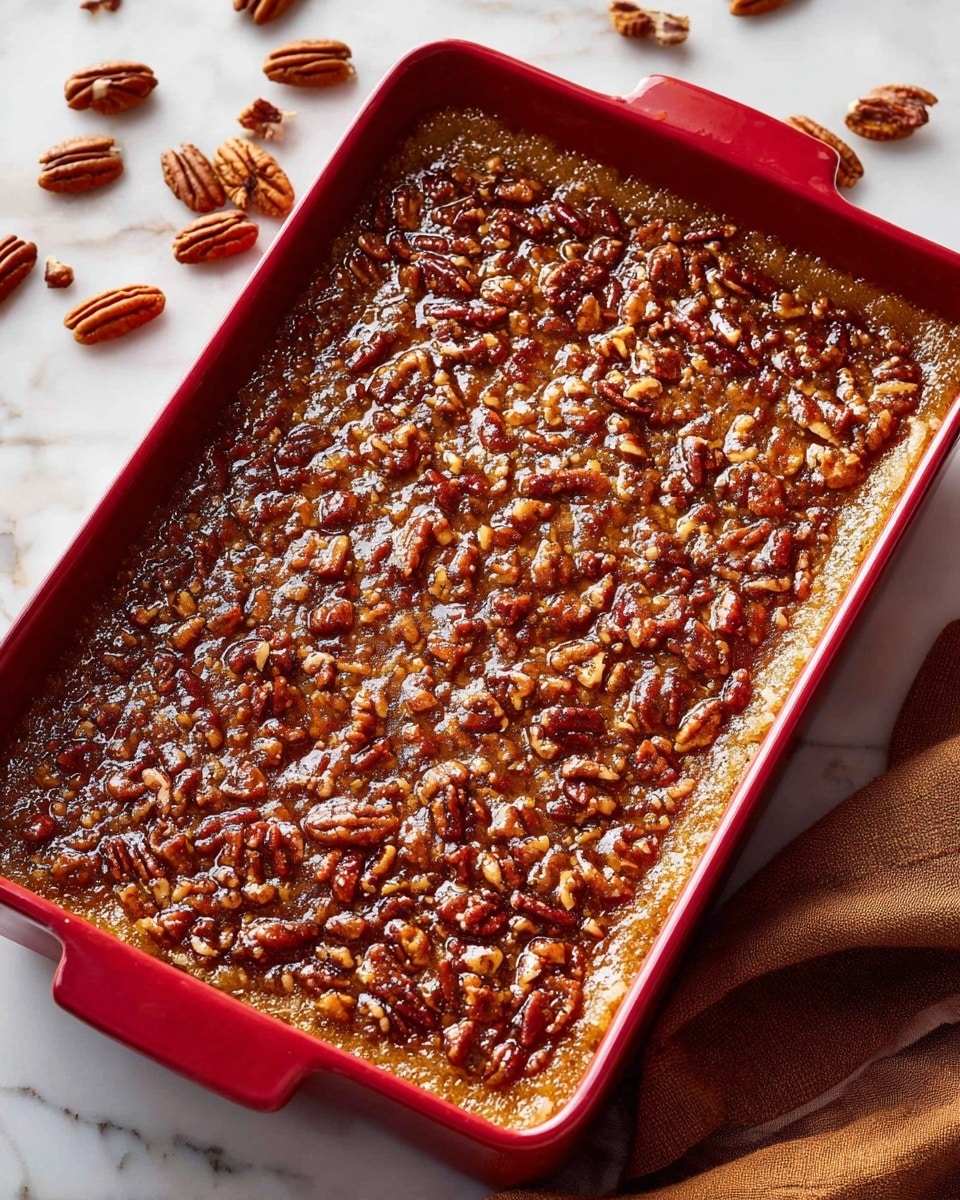 A close-up view of a rectangular red baking dish filled with a pecan dessert that has a thick, glossy top layer made of chopped pecans and a sticky, caramelized syrup coating. The dish shows a clear crust layer at the bottom with a thin golden edge visible on the sides. The chopped pecans create a rough, textured surface with deep brown and amber colors swirling through the sticky caramel. Around the dish, whole pecans are scattered on a white marbled surface, adding contrast and an inviting look. Photo taken with an iphone --ar 4:5 --v 7