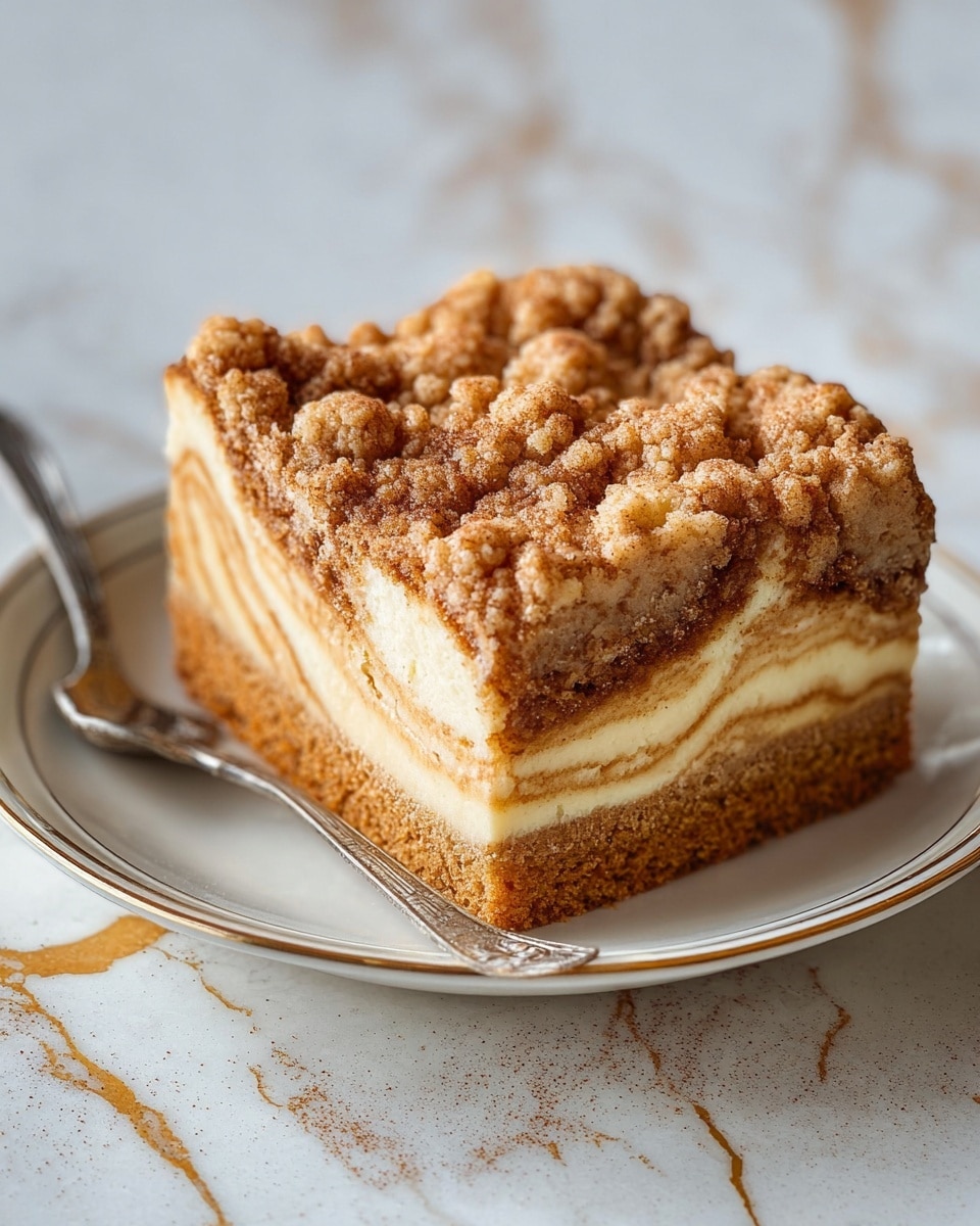 A thick slice of crumb cake sits on a white plate with a thin gold rim, showcasing four distinct layers. The bottom layer is a dense, light brown cake base, followed by a thick middle layer of smooth, light tan cream with soft, darker brown swirls. Above this is a thin, darker brown cake layer, topped with a generous golden crumb topping that is textured and uneven, sprinkled with a light dusting of cinnamon or spice. A silver spoon lies under the slice on the plate, against a white marbled background with subtle gold veins. photo taken with an iphone --ar 4:5 --v 7