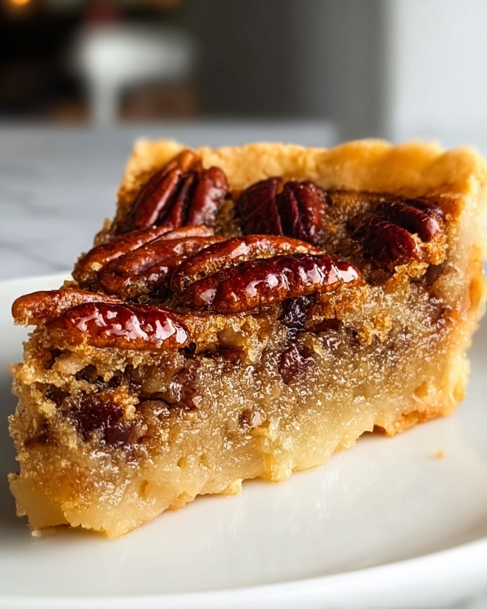 A close-up photo of a slice of pecan pie on a white plate, set on a white marbled texture surface. The pie has three clear layers: a thick, crumbly golden crust at the bottom, a gooey, shiny brown filling in the middle with a slightly grainy texture, and a topping of large, glossy, dark reddish-brown whole pecans scattered on top. The pie slice appears moist and dense, with a rich, sticky look to the filling and crust edges. Photo taken with an iphone --ar 4:5 --v 7