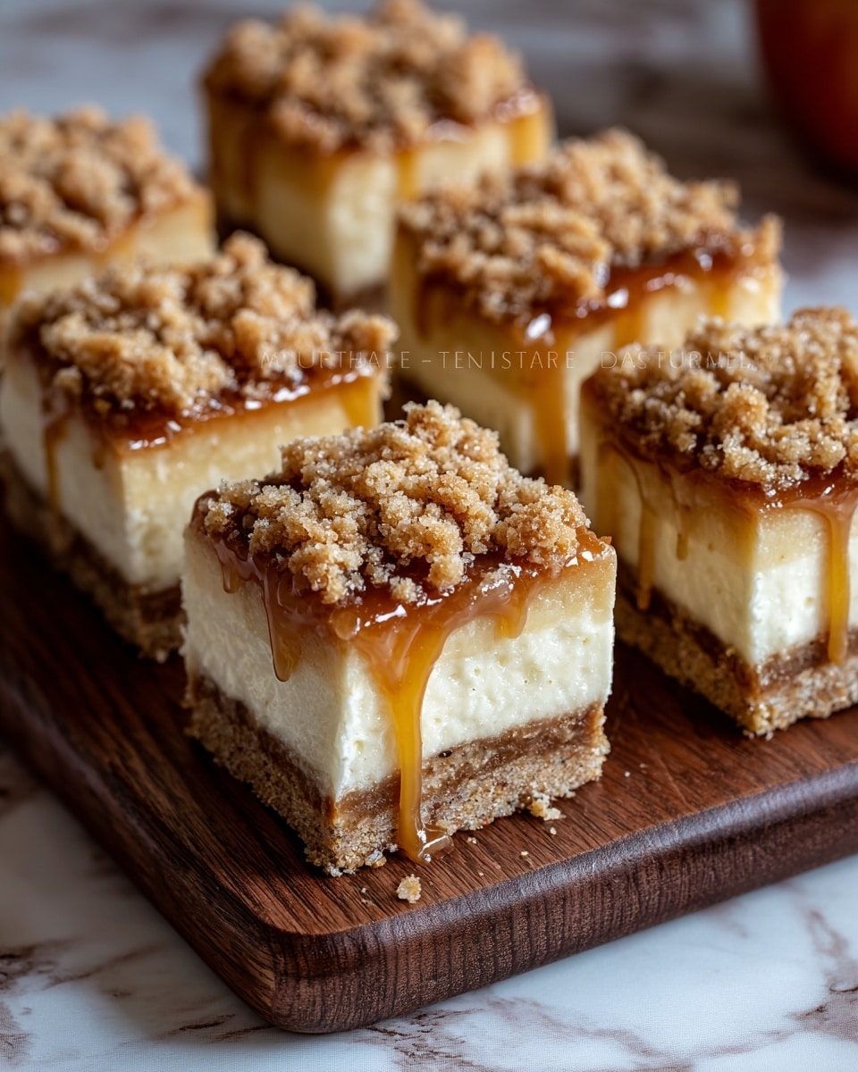 The image shows six square dessert bars placed in two rows on a dark wooden board. Each bar has three layers: a bottom layer of light brown crumbly crust, a thick middle layer of creamy white filling, and a top layer of golden caramel sauce with a crumbly, coarse brown streusel topping. The caramel slightly drips down the sides of some bars. The background shows a blurred white marbled texture beneath the board and some out-of-focus apples and other dessert bars. Photo taken with an iphone --ar 4:5 --v 7