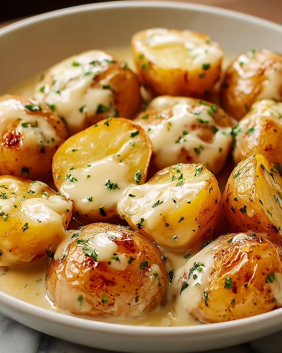 A close-up view of a bowl filled with about two layers of small, halved golden brown potatoes with smooth skins. Each potato half is topped with a thick layer of melted, slightly browned creamy sauce that glistens under soft lighting. Small green herbs are sprinkled evenly over the potatoes and sauce, adding a pop of color. The bowl itself is white and sits on a white marbled surface, bringing out the warm tones of the dish. The photo taken with an iphone --ar 4:5 --v 7