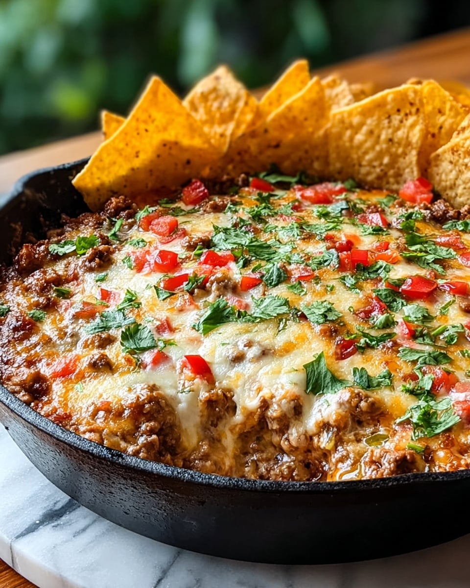 A black skillet filled with a baked dish showing a thick melted layer of golden yellow and light brown cheese on top, dotted with green cilantro leaves scattered evenly across the surface. Beneath the cheese, chunks of cooked ground meat, bits of diced tomatoes, and other ingredients mix in a rich, textured layer. On one side of the skillet, a cluster of triangular tortilla chips leans against the edge, offering a contrast with their light, toasted yellow color. The skillet sits on a wooden surface blurred in the background, with greenery visible in the distance. photo taken with an iphone --ar 4:5 --v 7