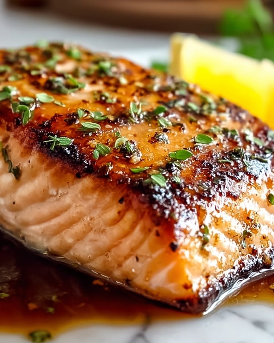A close-up view of a thick salmon fillet cooked with a golden-brown caramelized top layer, showing grill marks and a glossy, slightly sticky texture. The middle layer is a light pink color with a tender and moist appearance. Small bits of bright green chopped herbs are sprinkled on top, adding freshness and color contrast. The salmon sits in a deep orange-brown sauce that pools around the edges, reflecting light. In the background, a blurred yellow lemon wedge provides a pop of color. The dish is presented on a white plate resting on a white marbled texture surface. Photo taken with an iphone --ar 4:5 --v 7