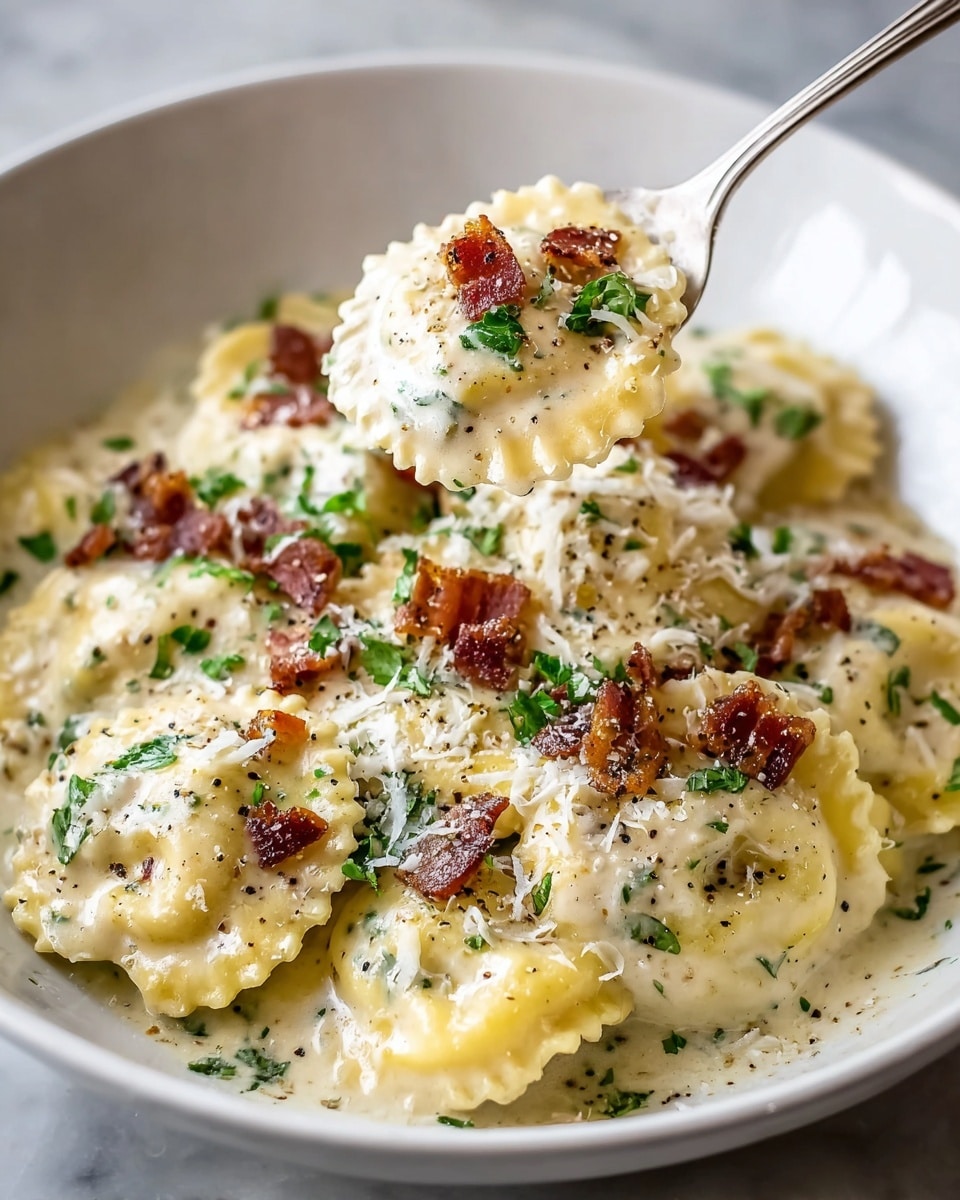 A white bowl filled with round ravioli pasta pieces covered in a rich creamy sauce; the ravioli are pale yellow with ruffled edges and are topped with small pieces of crispy brown bacon, grated white cheese, and fresh green parsley leaves scattered on top. The sauce looks smooth and thick, coating the pasta fully, with specks of black pepper adding contrast. A silver fork held by a woman's hand lifts a ravioli piece from the bowl, showing the creamy sauce and bacon bits on it. The background has a clean white marbled texture. photo taken with an iphone --ar 4:5 --v 7