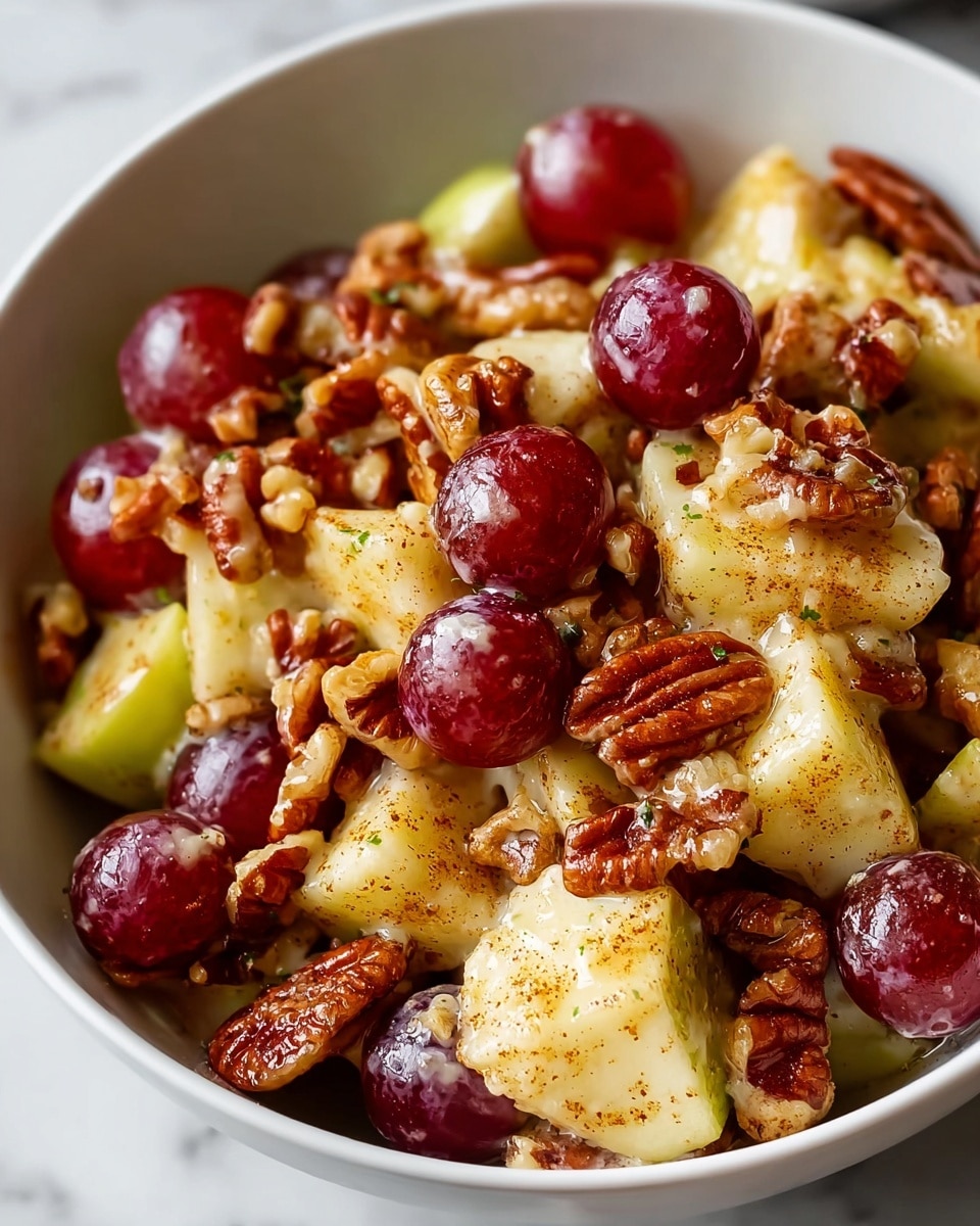 The image shows a close-up of a fruit and nut salad in a white bowl placed on a white marbled surface. The salad is made of red grapes with a shiny, smooth texture, chunks of apple with light yellow-green skin, and whole pecans with a rich brown color and textured surface. The ingredients are mixed together and sprinkled evenly with cinnamon powder, which adds a speckled warm brown color on top. The composition is dense, showing many pieces tightly packed, highlighting the contrast of the fresh fruit and crunchy nuts. Photo taken with an iphone --ar 4:5 --v 7