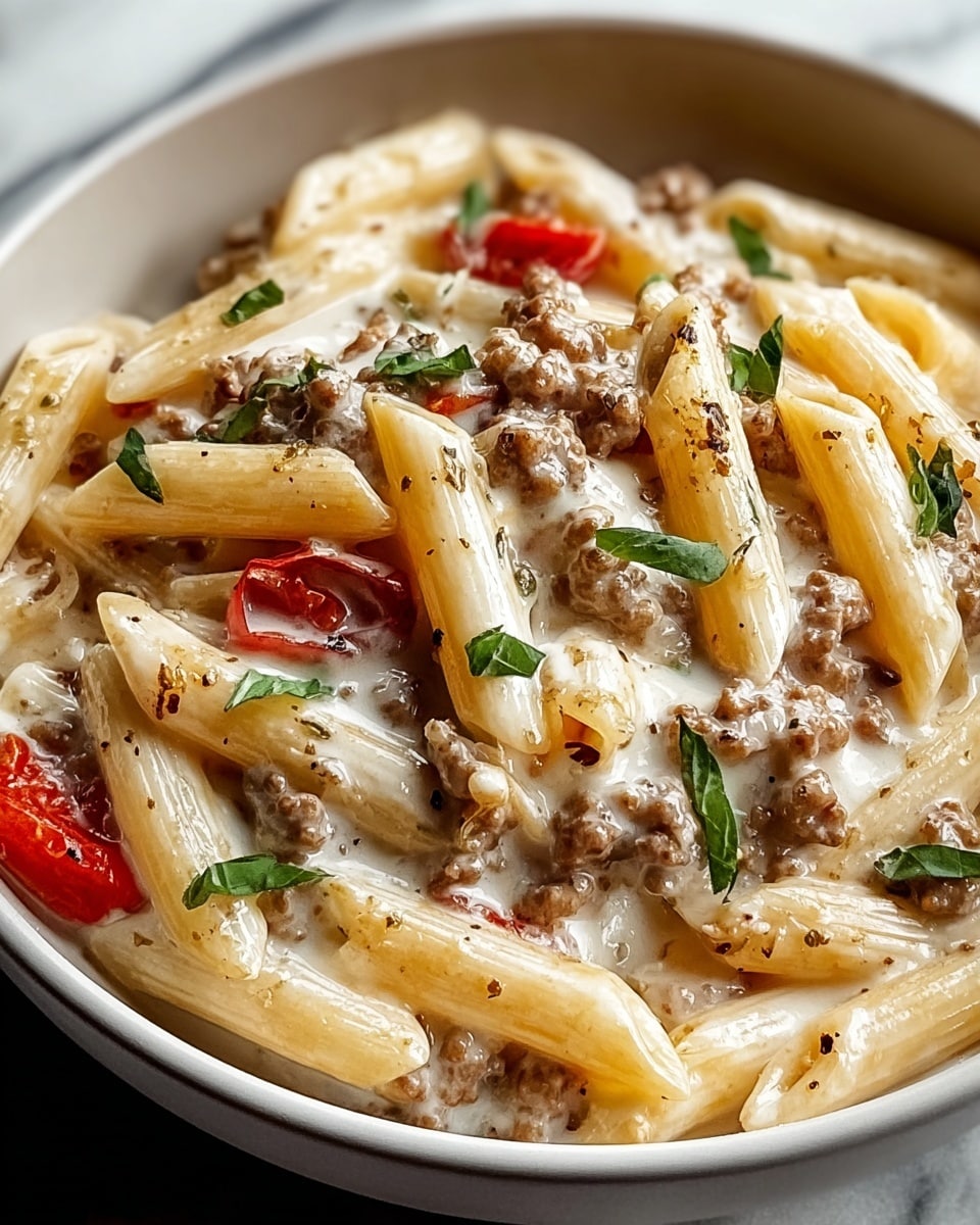 The dish is a close-up view of creamy penne pasta served in a white bowl with a thin black rim. The bottom and main visible layer consists of light yellow penne pasta coated smoothly in a white creamy sauce. Scattered evenly among the pasta are small pieces of browned ground meat, adding texture and a deeper brown color. Tiny red bits of tomato and small green herbs are sprinkled on top, providing bright spots of color and freshness. The dish appears rich with a slightly glossy look from the sauce, sitting on a white marbled surface. photo taken with an iphone --ar 4:5 --v 7
