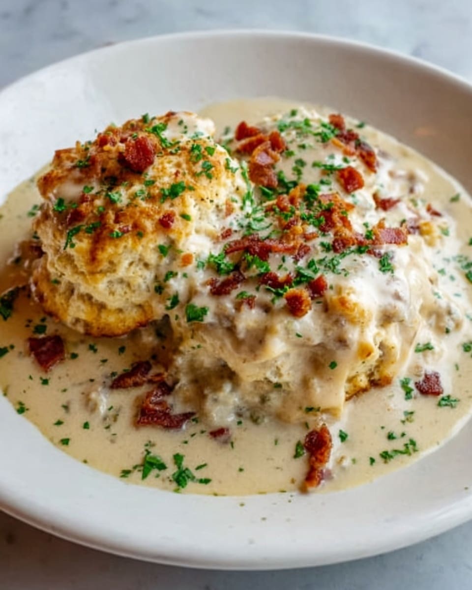The image shows a white plate with a layered dish of creamy chicken and biscuits. On the bottom layer, there is a spread of thick white cream sauce mixed with chunks of cooked chicken, giving a smooth but chunky texture. Above this is a golden-brown biscuit layer that looks soft and slightly crispy on top, sprinkled evenly with small green chopped herbs and bits of crispy bacon. The biscuit layer appears fluffy inside with a crumbly outside. The creamy sauce surrounds the biscuit, creating a rich and moist look. The plate is placed on a white marbled surface. photo taken with an iphone --ar 4:5 --v 7