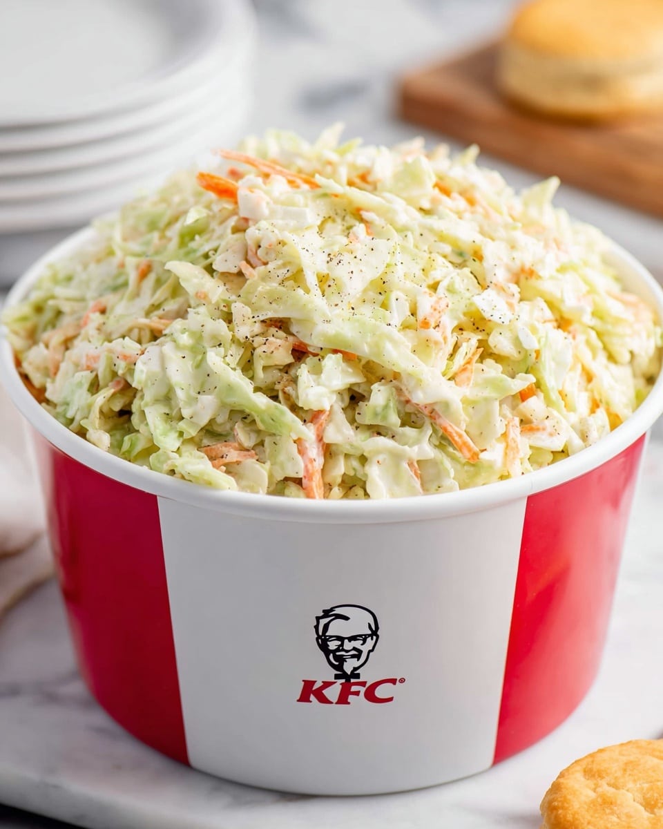 A large white KFC bucket filled to the top with creamy coleslaw, showing small pieces of pale green cabbage mixed with tiny bits of orange carrots and light dressing, giving it a slightly glossy texture. The coleslaw looks fresh and has a soft, chopped appearance with some fine black pepper specks visible throughout. The white bucket has two bold red stripes on the sides and the black KFC logo with Colonel Sanders' face on the front. It sits on a white marbled surface, with a piece of golden fried chicken and a biscuit blurred in the background. photo taken with an iphone --ar 4:5 --v 7