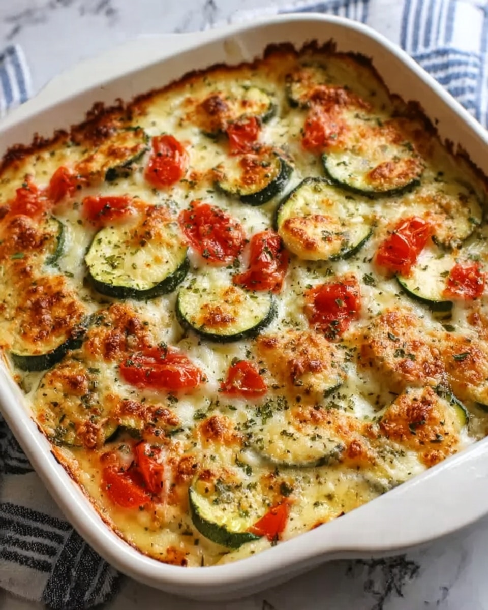 A white rectangular dish filled with a baked casserole that has three main layers: the base layer is cooked zucchini slices arranged evenly, the middle layer shows chunks of cooked chicken pieces mixed with tomato pieces, and the top layer is a golden-brown melted cheese with a bubbly texture and sprinkled with dried herbs. The dish sits on a white marbled surface with a subtle striped cloth underneath. photo taken with an iphone --ar 4:5 --v 7