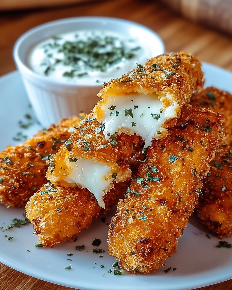 The image shows a white plate with four crispy, golden-brown mozzarella sticks stacked on top of each other. Each stick has a crunchy, textured coating with small green herb bits sprinkled over them. One mozzarella stick is broken open, revealing soft, melted, white cheese inside. At the back of the plate, there is a small white bowl filled with a creamy white dipping sauce, garnished with chopped green herbs. The plate rests on a white marbled surface. photo taken with an iphone --ar 4:5 --v 7