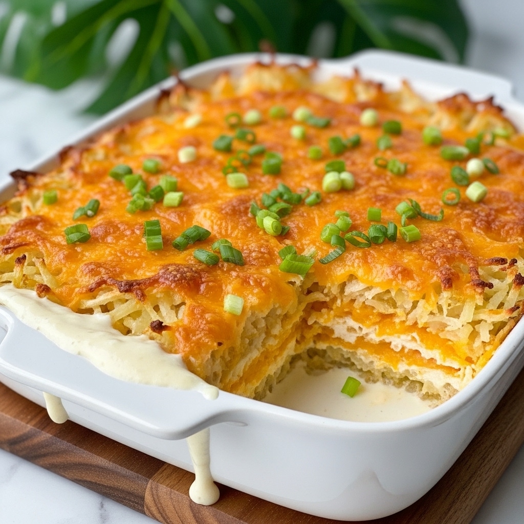 A white ceramic dish filled with a layered baked casserole, showing a crispy golden-brown top layer of thin shredded potatoes mixed with melted bright orange cheddar cheese and garnished with chopped green onions scattered evenly over the surface. Below the crispy layer, a creamy white sauce with a smooth texture can be seen oozing slightly from the side, suggesting soft layers underneath. The dish sits on a wooden board with a green leafy plant blurred in the background, all placed on a white marbled surface. photo taken with an iphone --ar 4:5 --v 7
