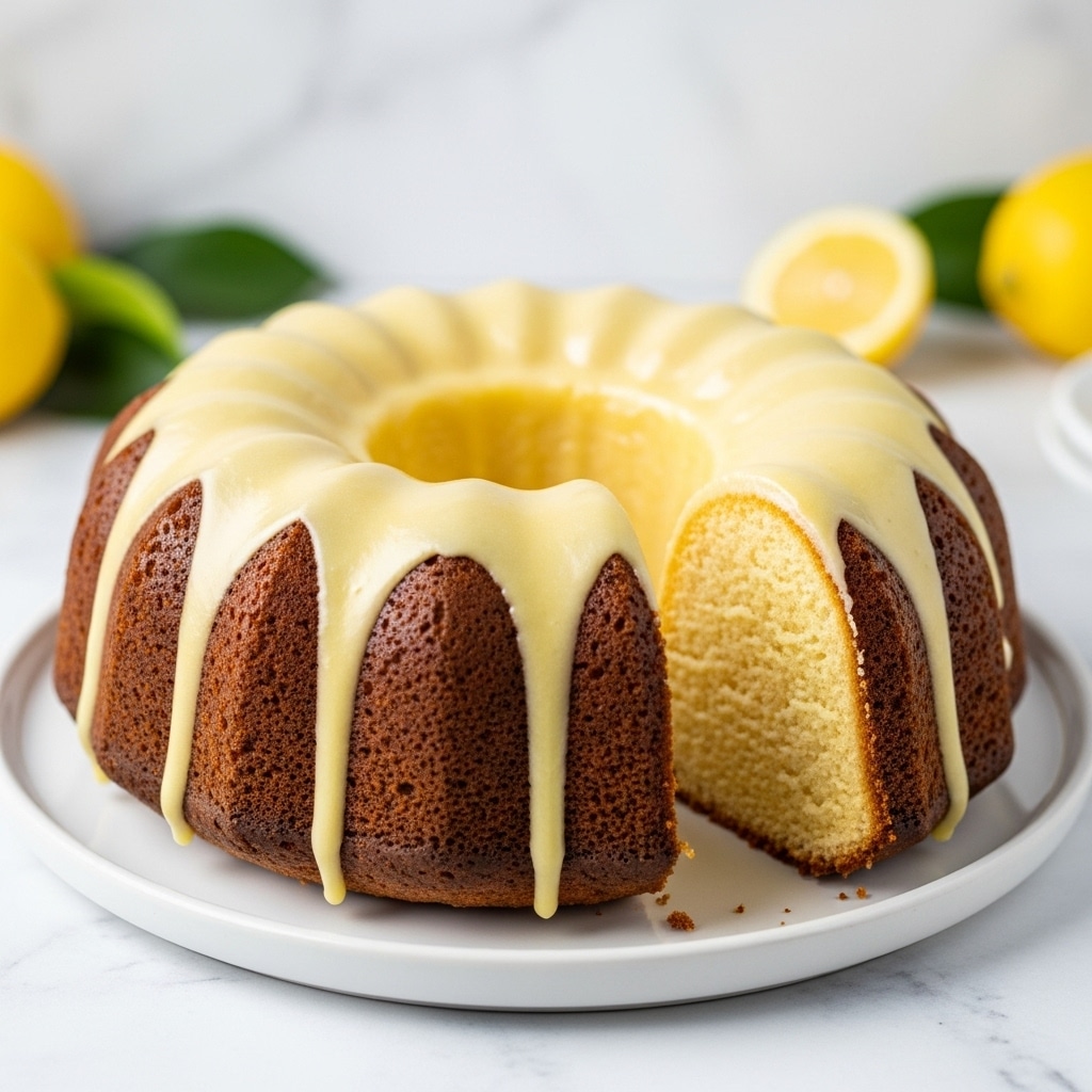 A round bundt cake with a smooth light yellow top layer and a golden brown bottom layer sits on a white plate. The cake is topped with a thin layer of pale yellow glaze that drips slightly down the sides, creating soft, shiny streams. The texture of the cake looks moist and soft, with a slight crumb visible at the cut section. The background shows a white marbled surface with blurred hints of yellow and green, likely lemons and leaves. photo taken with an iphone --ar 4:5 --v 7