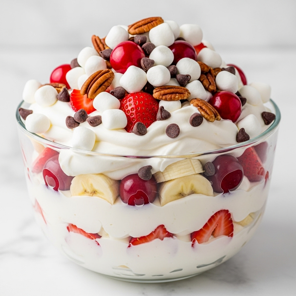 A serving of creamy mashed potato casserole sits on a white plate with a slightly rustic edge. The dish has about three layers: the bottom layer is smooth and white mashed potatoes, mixed with small pink chunks of ham. The middle layer shows golden melted cheese that is bubbly and slightly browned. The top layer is made of crispy, browned bits of ham and cheese, sprinkled with fresh green thyme leaves. A silver fork rests on the edge of the plate. The plate is placed on a white marbled texture. photo taken with an iphone --ar 4:5 --v 7