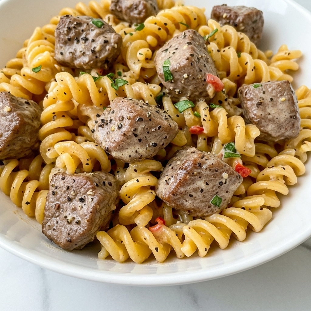 The dish shows a close-up of a creamy pasta with spiral-shaped rotini noodles, coated in a smooth light brown sauce. Mixed in are several browned meat chunks that appear juicy and tender, speckled with black pepper and herbs. Small flecks of green herbs are scattered throughout the sauce, adding contrast to the golden pasta and meat. A few tiny bits of red pepper add subtle color spots. The food is served in a white bowl that sits on a white marbled surface. The sauce looks shiny and slightly thick, covering the layers evenly and giving the pasta a glossy look. photo taken with an iphone --ar 4:5 --v 7
