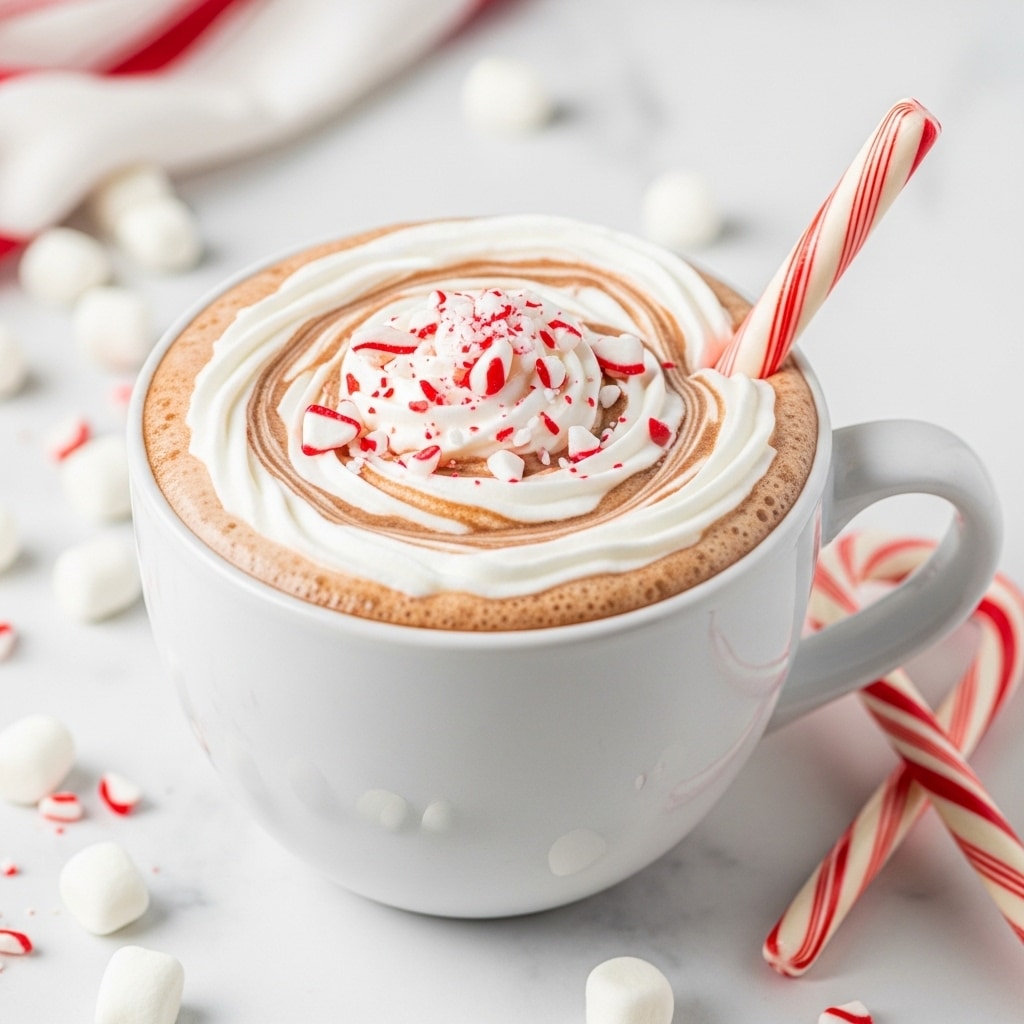 A white mug filled with hot chocolate swirled with light brown cocoa tones, topped with a thick swirl of white whipped cream. Pieces of red and white crushed candy cane are scattered on the whipped cream, with a whole red and white candy cane stick standing vertically inside the mug. The mug rests on a white marbled surface surrounded by small white marshmallows and a few candy cane sticks lying beside it. The background is softly blurred with a red and white cloth visible. Photo taken with an iphone --ar 4:5 --v 7
