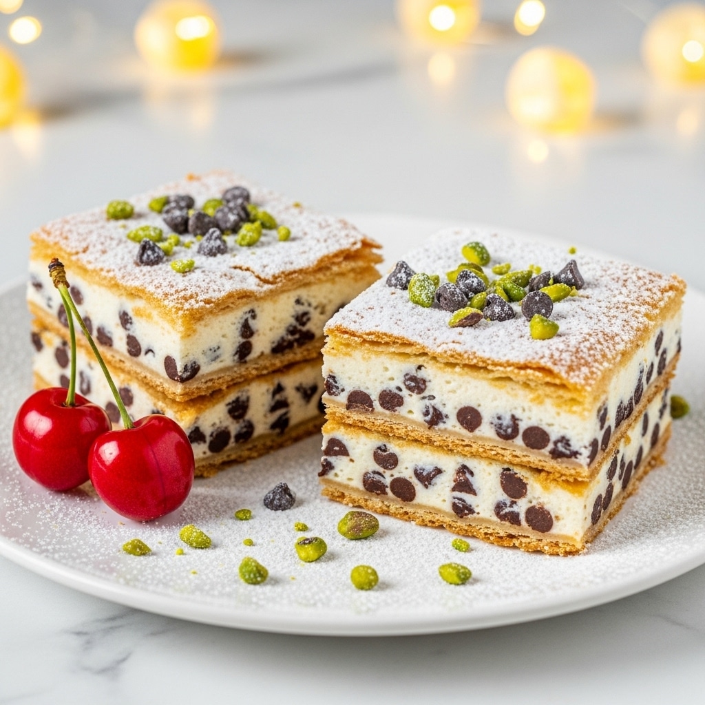Two square pieces of dessert are stacked on a white plate with powdered sugar and chopped green pistachios scattered around. Each piece has three layers: a golden-brown crispy top and bottom crust with a flaky texture, and a thick middle layer of creamy white filling mixed with many dark chocolate chips. The top crust is also sprinkled with powdered sugar, chocolate chips, and chopped pistachios. Two bright red cherries with stems rest beside the dessert on the plate. The background shows warm, blurred yellow lights on a white marbled surface. photo taken with an iphone --ar 4:5 --v 7