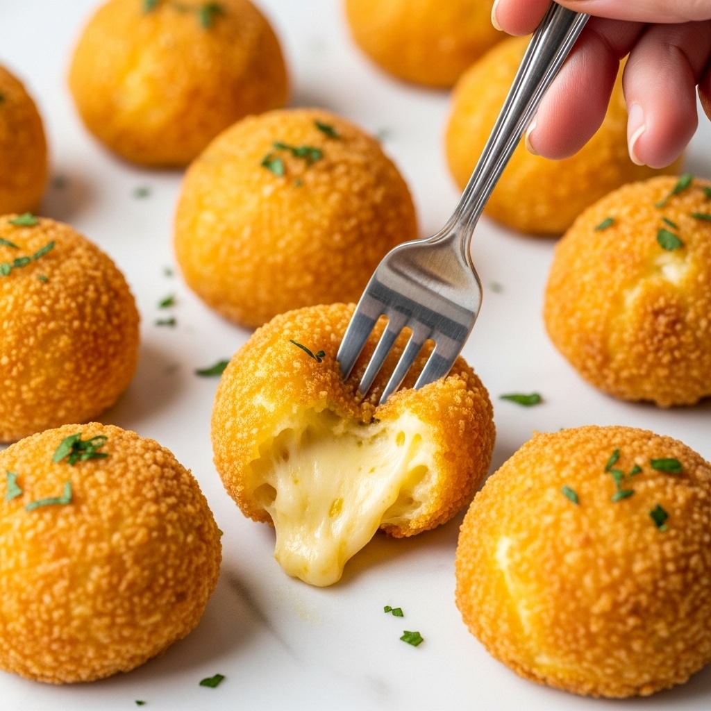 The image shows a close-up of golden brown cheesy potato balls with a crispy outer layer and a soft, creamy inside. Each ball has bits of melted cheese visible on the surface, giving it a textured and appetizing look. One ball is being held by a woman's hand with a silver fork poking into the top of it, showing gooey melted cheese stretching out. The balls rest on a white plate with a few small green herb sprinkles on top. The background is a white marbled surface. photo taken with an iphone --ar 4:5 --v 7