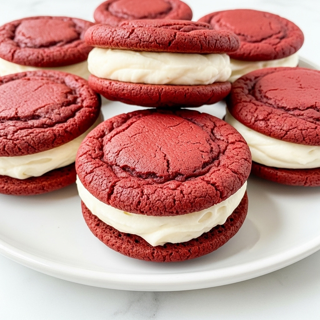 The image shows several thick, red velvet cookie sandwiches arranged on a white plate with a smooth texture. Each sandwich has two round, deep red cookies with slight cracks on the surface, sandwiching a thick layer of creamy white frosting, which looks smooth and soft. The cookies have a bold, rich red color with a slightly rough texture, contrasting with the clean white filling in the middle. The plate sits on a white marbled texture surface. photo taken with an iphone --ar 4:5 --v 7