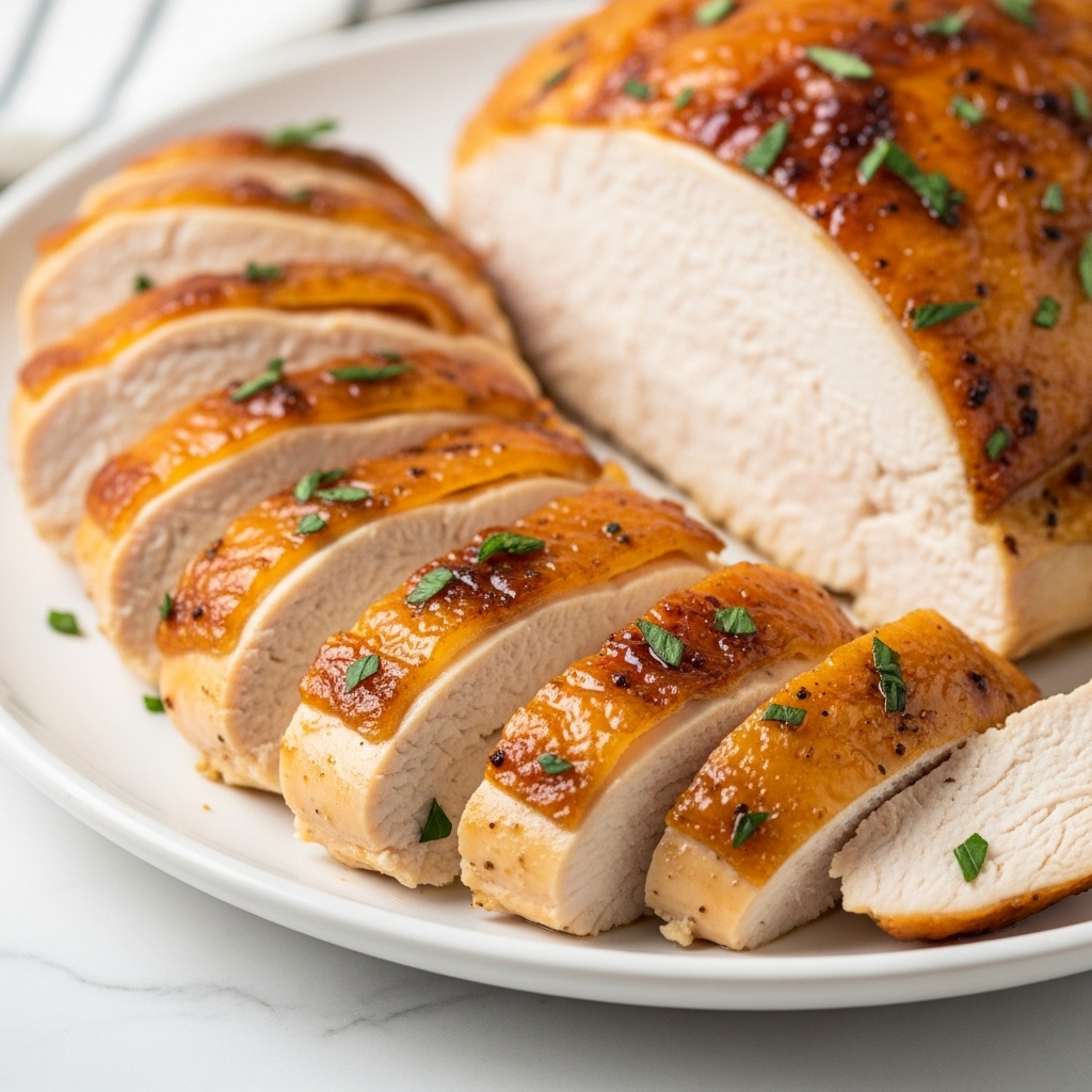 This image shows a white plate with several slices of roasted chicken breast arranged neatly in a row. There are five visible slices in the front, each with a golden-brown crispy skin layer on top that has a glossy shine and is sprinkled with small green herb leaves. Below the skin, the chicken meat is light beige and looks moist and tender, with a smooth texture. The back of the plate holds a larger unsliced piece of chicken with the same golden crispy skin and juicy white meat inside. The plate rests on a white marbled surface, enhancing the warm colors of the chicken. photo taken with an iphone --ar 4:5 --v 7