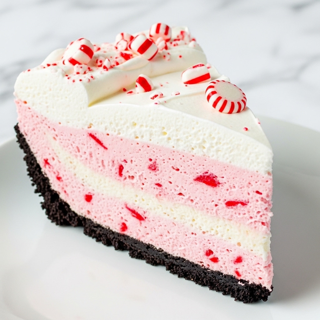 A slice of dessert with three clear layers: the bottom layer is dark brown and crumbly, resembling an Oreo cookie crust; the middle layer is a light pink creamy mousse with small red streaks mixed in; the top layer is thick, fluffy white whipped cream decorated with small pieces of red and white peppermint candy scattered on top. The slice sits on a white plate, and the background shows a white marbled texture. photo taken with an iphone --ar 4:5 --v 7