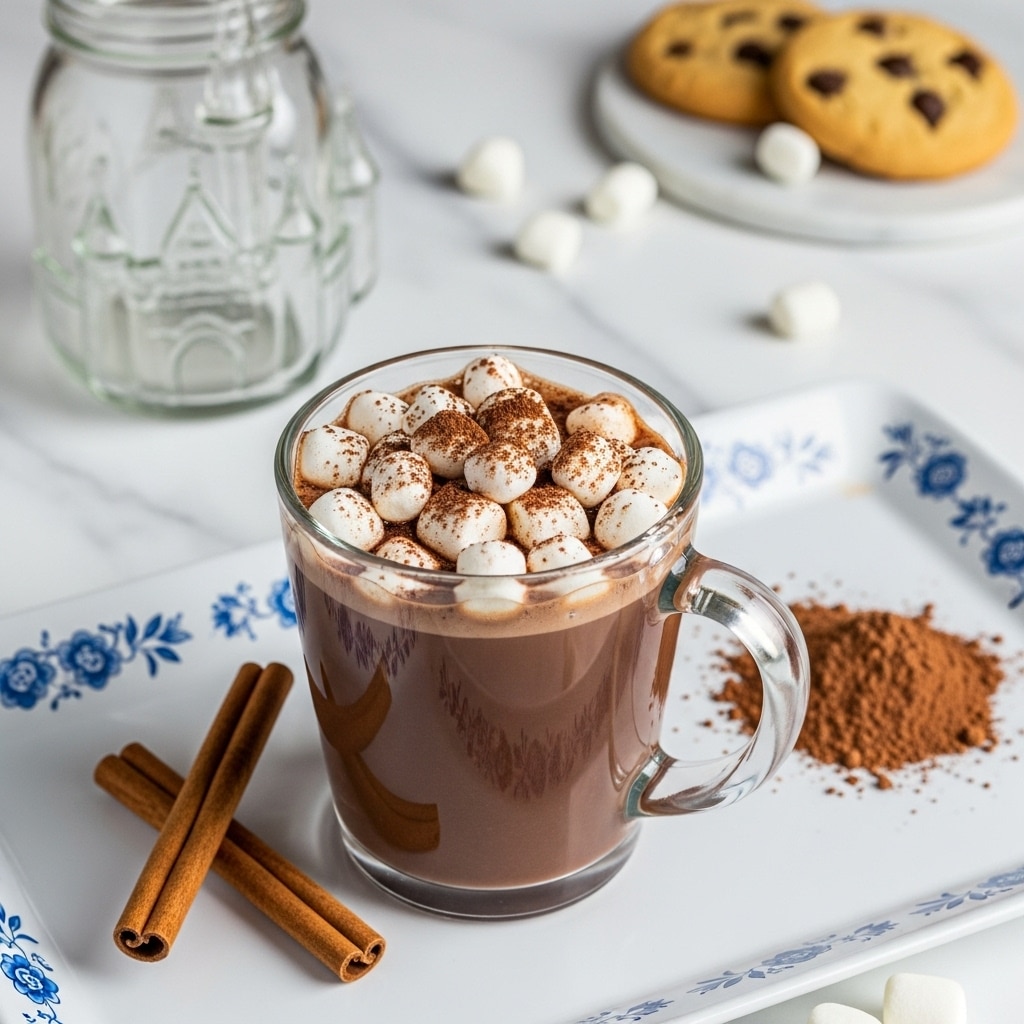 A clear glass mug filled almost to the top with rich dark brown hot chocolate, topped with a layer of white marshmallows scattered on the surface, each marshmallow lightly dusted with brown cocoa powder. The mug has a clear handle and is placed on a white rectangular tray with a thin brown rim. On the tray, beside the mug, are three long cinnamon sticks neatly aligned and a small pile of ground cinnamon powder dusted on the tray. The tray rests on a white marbled surface with a blurred background showing a glass jar with a castle design, a few marshmallows, and a cookie nearby. photo taken with an iphone --ar 4:5 --v 7
