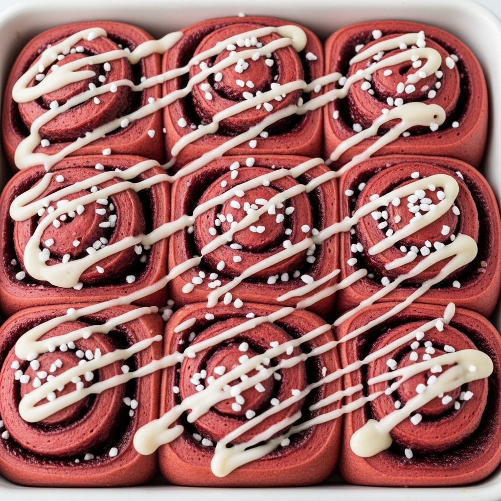 The image shows a close-up of nine red velvet cinnamon rolls tightly placed in a silver baking tray on a white marbled surface. Each roll is made of soft, light brown dough with a rich red velvet spiral layer inside, topped with thick, creamy white frosting spread unevenly over the spirals. The rolls are sprinkled with small, white powdered sugar dots that add texture and contrast. The frosting has a smooth, glossy texture, sitting on the red swirl that has a velvety but slightly crumbly look. Photo taken with an iphone --ar 4:5 --v 7