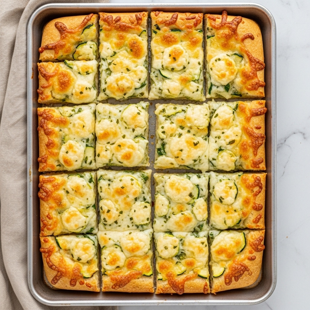 The dish is a rectangular baked cheesy bread cut into ten rectangular pieces arranged neatly in a metal tray. Each piece has a top layer of melted golden and white cheese with small browned spots and scattered green herbs sprinkled all over. The cheese looks soft and gooey with a slightly crispy surface. Underneath the cheese layer, patches of green pesto or sauce peek through, adding a fresh color contrast. The edges of the bread are slightly browned and crispy, while the inside looks fluffy. The metal tray rests on a white marbled surface with a light beige cloth partially visible to the left. photo taken with an iphone --ar 4:5 --v 7