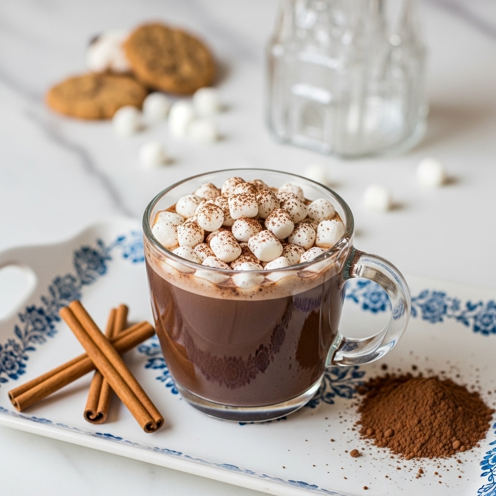 A clear glass cup with a handle is filled with dark brown hot chocolate, topped with a layer of small white marshmallows scattered unevenly and dusted with light brown cocoa powder. The cup sits on a white tray with a blue floral pattern around the edge, and three cinnamon sticks lie neatly on the left side of the tray. There is a small pile of loose cocoa powder on the right side of the tray, and in the blurred background on a white marbled surface, there is a glass jar shaped like a castle along with a cookie and a few scattered marshmallows. photo taken with an iphone --ar 4:5 --v 7