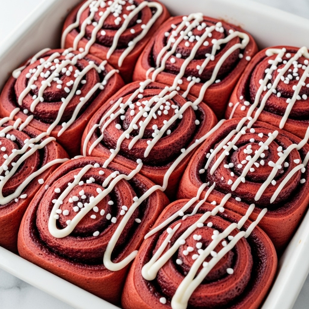 A close-up view of nine red velvet cinnamon rolls arranged tightly in a white baking pan. Each roll has multiple layers with a deep red, soft textured dough spiraled in a circular pattern, separated by swirls of thick, creamy white icing that glistens under the light. The icing is drizzled generously on top of the rolls, pooling slightly in the middle of each swirl. Small white sugar crystals are sprinkled over every roll, adding a textured sparkle. The background features a white marbled surface that contrasts with the vivid colors of the rolls. photo taken with an iphone --ar 4:5 --v 7