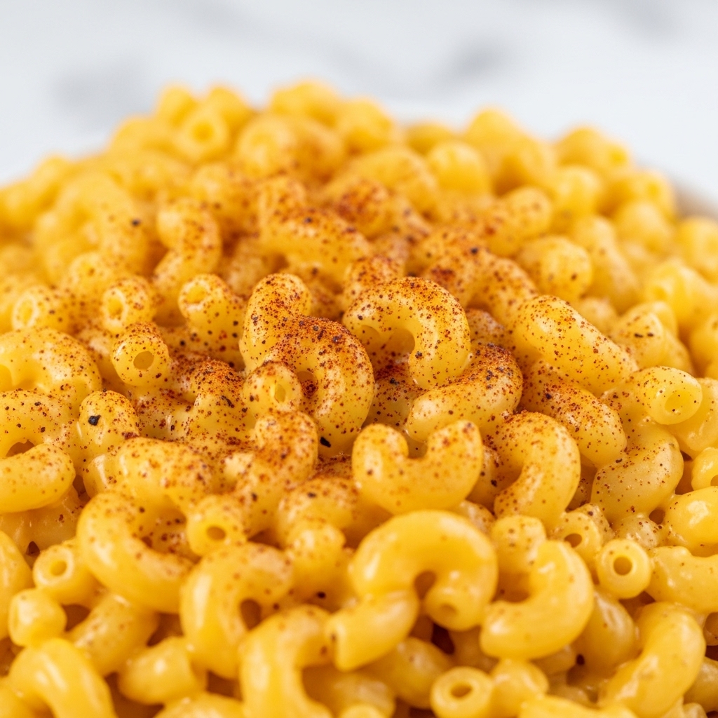 The image shows a close-up of creamy macaroni and cheese with a soft, smooth texture. The short macaroni pasta is coated thickly in bright yellow melted cheese sauce. The top layer is sprinkled with a light dusting of reddish-brown spice, adding speckles of color and a touch of texture. The dish is softly lit, bringing out the shine on the cheese and the slight bumps on the macaroni curves. The background is a white marbled texture. photo taken with an iphone --ar 4:5 --v 7