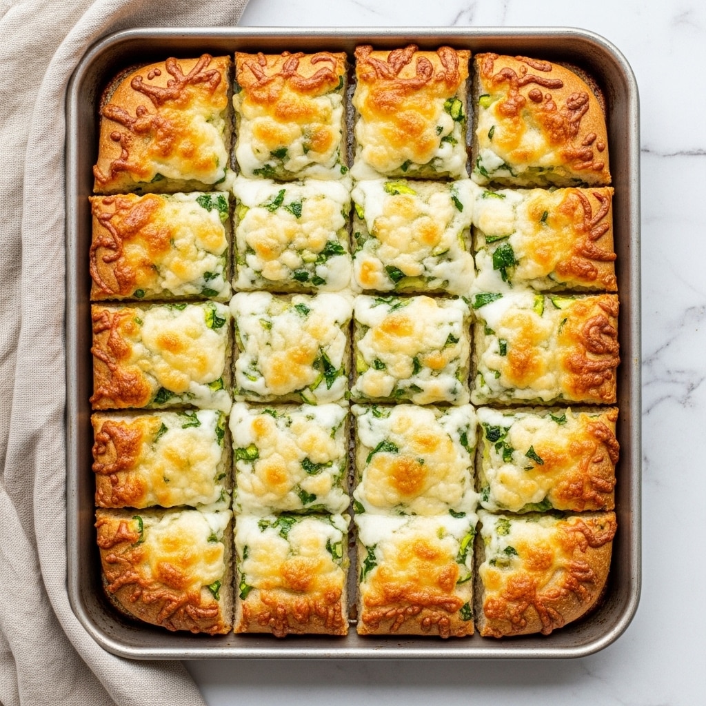 The image shows a rectangular baking tray filled with cheese bread cut into ten rectangular sticks arranged in two rows of five. Each stick has a crispy, golden-brown top layer with melted white cheese mixed with herbs, giving a slightly bumpy texture. Green bits of herbs are scattered evenly across the cheese layer. The bread underneath the cheese appears soft and fluffy with some hints of green herbs visible just beneath the cheese surface. The tray rests on a white marbled texture, with a beige cloth partially visible on the left side. Photo taken with an iphone --ar 4:5 --v 7