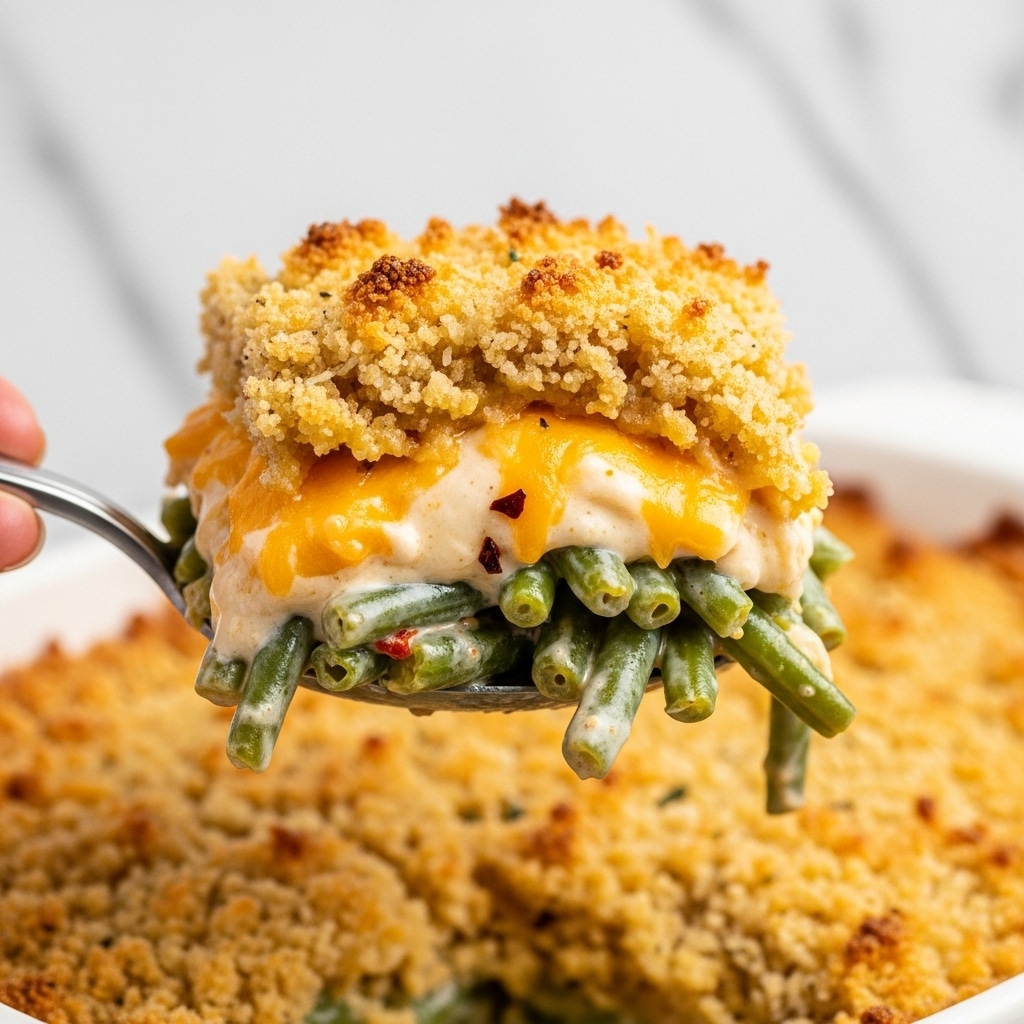 A close-up view of a thick serving spoonful of a baked casserole held by a woman's hand, showing three layers: the top layer is a golden brown crispy crust with a crunchy texture, the middle layer is creamy and cheesy with melted cheese in light yellow and orange tones, and the bottom layer contains tender green beans coated in creamy sauce with some visible pepper flakes. The background is a white marbled texture with the large casserole dish filled with the same cheesy casserole. Photo taken with an iphone --ar 4:5 --v 7