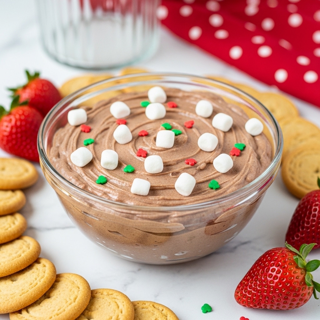 A clear glass bowl filled with a smooth, light brown mousse-like dessert topped with small white mini marshmallows and tiny red and green leaf-shaped sprinkles scattered on the surface. The bowl sits on a white marbled texture, surrounded by an assortment of cookies in light brown and golden colors, along with fresh red strawberries. In the background, there is a blurred glass container and a red cloth with white dotted patterns. photo taken with an iphone --ar 4:5 --v 7