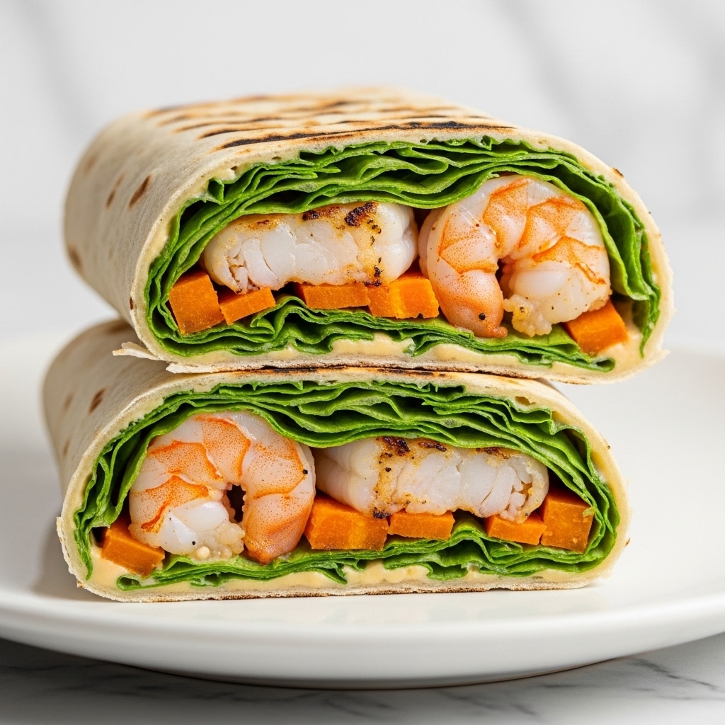 A close-up of two shrimp wraps cut in half and stacked on a white plate. Each wrap is made with a soft, light brown flatbread folded around fresh green lettuce as the base layer. On top of the lettuce, there are plump, grilled shrimp with a slight char, showing a light pink and white color with golden-brown grill marks. Bright orange roasted carrot pieces are mixed in with the shrimp, adding a pop of color. A creamy, light-colored sauce with fresh herb specks coats the shrimp and vegetables, visible inside the wrap. The plate sits on a white marbled surface. photo taken with an iphone --ar 4:5 --v 7