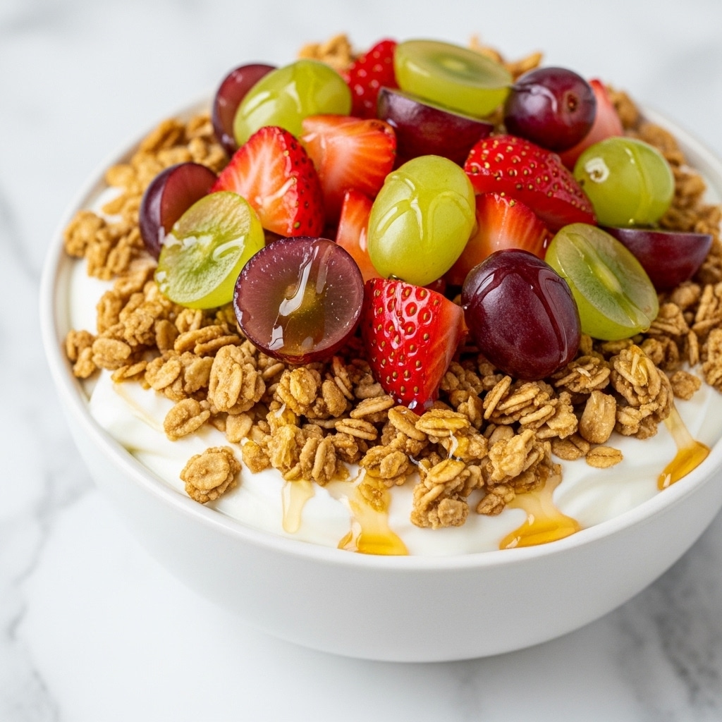 A close-up view of a white bowl filled with a layered fruit and yogurt parfait on a white marbled surface. The bottom layer has creamy white yogurt with a smooth texture. On top, there is a thick layer of granola with a crunchy texture. Fresh green and red grapes, along with sliced red strawberries, are scattered over the granola layer, adding bright green and red colors mixed with soft and shiny textures. A light drizzle of honey glistens on the fruit and granola, giving a glossy look. Photo taken with an iphone --ar 4:5 --v 7