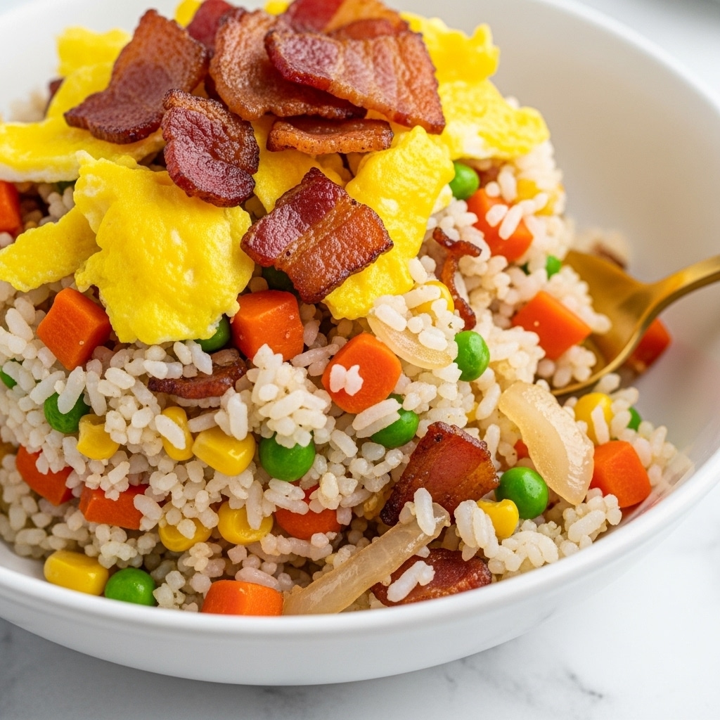 A close-up view of a white bowl filled with fried rice featuring layers of cooked white rice mixed with small diced carrots, yellow corn, green peas, and chopped onions. There are pieces of scrambled yellow egg and crispy browned bacon scattered on top, adding texture and color. A gold spoon is partially immersed in the bowl, showing the mix of ingredients. The bowl is placed on a surface with a white marbled texture, giving a clean and bright look. photo taken with an iphone --ar 4:5 --v 7
