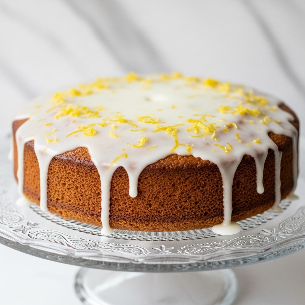 A single-layer round cake with a golden brown texture sits on a clear glass cake stand. The top of the cake is covered with a thick, shiny white glaze that drips slightly over the edges. There are small pieces of yellow lemon zest scattered gently on the glossy glaze. The setting has a white marbled texture surface in the background, giving a clean and bright look. photo taken with an iphone --ar 4:5 --v 7