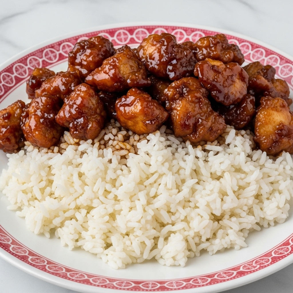 A white plate with a red chain-link pattern holds a dish with two clear layers: the bottom layer is white cooked rice with separate grains, and the top layer is a thick, glossy dark brown sauce covering medium-sized pieces of chicken that look tender and moist. The sauce is sticky and shiny, spreading over and between the chicken chunks. The plate rests on a white marbled surface. photo taken with an iphone --ar 4:5 --v 7