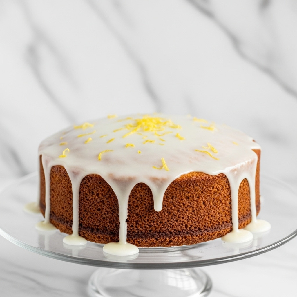A single-layer round cake with a golden brown crust sits on a clear glass cake stand with decorative edges. The cake is topped with a glossy white glaze that drips down unevenly over the sides, with small chunks of yellow lemon zest spread unevenly across the surface. The background shows a blurred white marbled texture. photo taken with an iphone --ar 4:5 --v 7